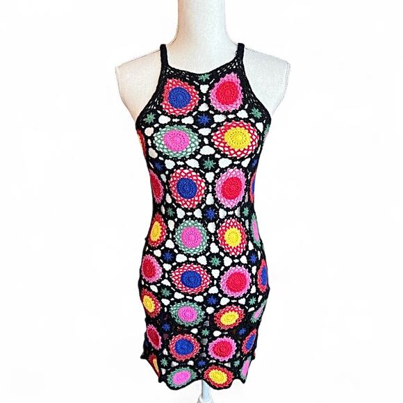H&M crochet mini dress multicolor square boho festival coverup hippie swimwear - Picture 2 of 8